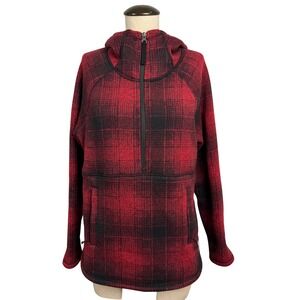 The North Face Womens Red Black Plaid Half Zip Fleece Hoodie Pullover Medium